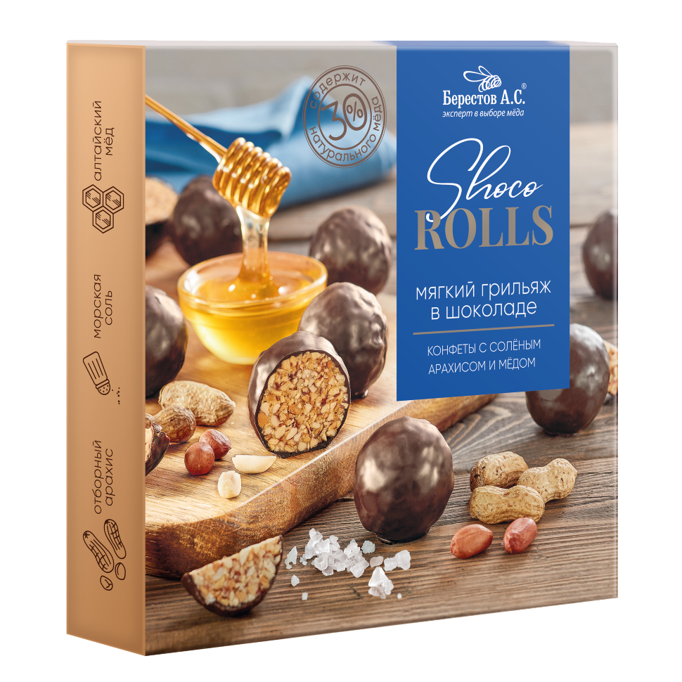  Берестов Shoco Rolls конфеты с арахисом, солью и медом, 135г   в Магнитогорске